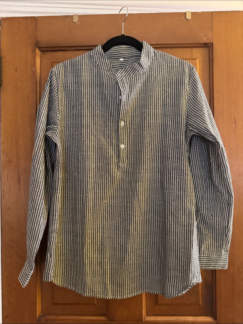 Men's Black and White Striped high Collar Shirt—medium